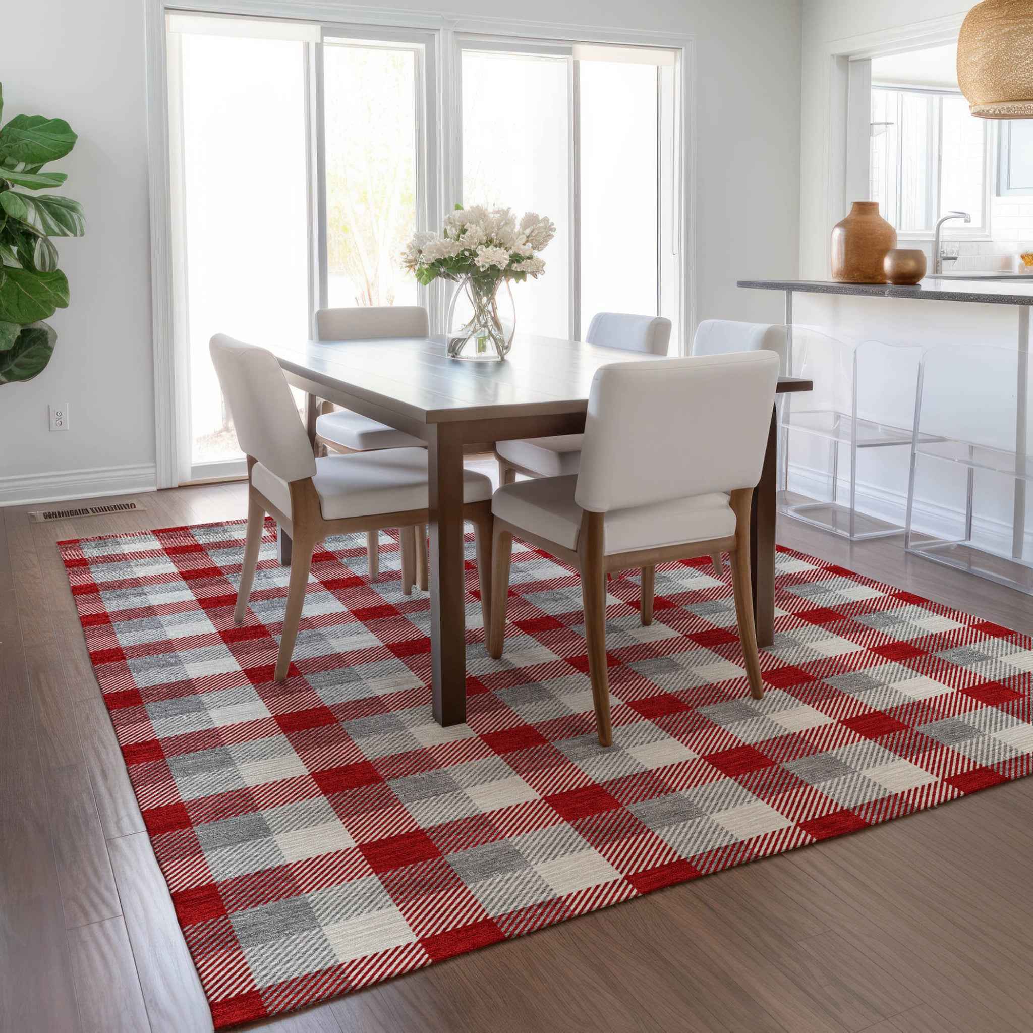 10' X 14' Red Gray And Beige Plaid Washable Indoor Outdoor Area Rug
