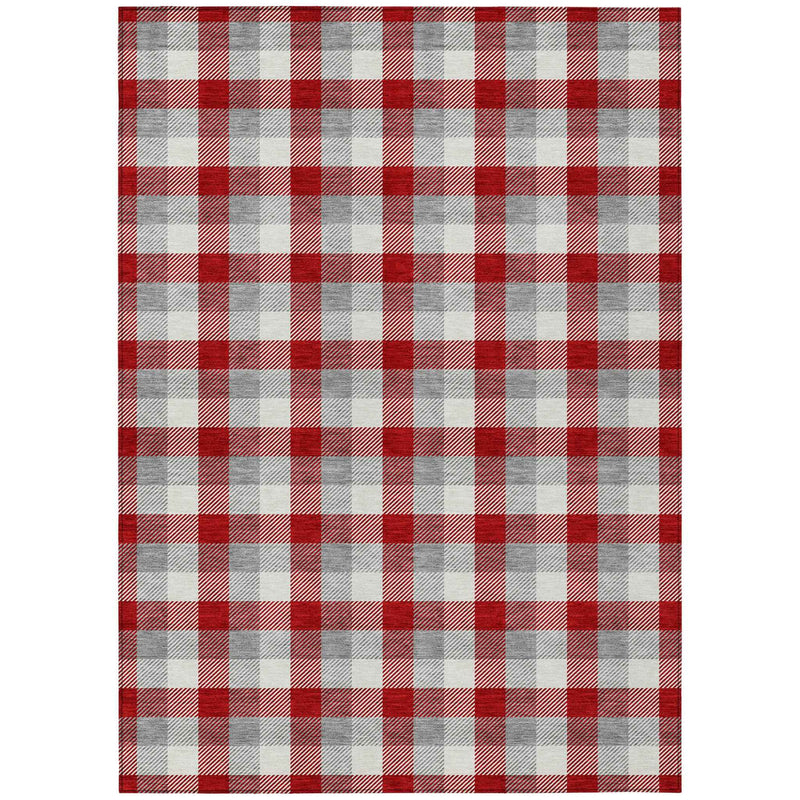 10' X 14' Red Gray And Beige Plaid Washable Indoor Outdoor Area Rug
