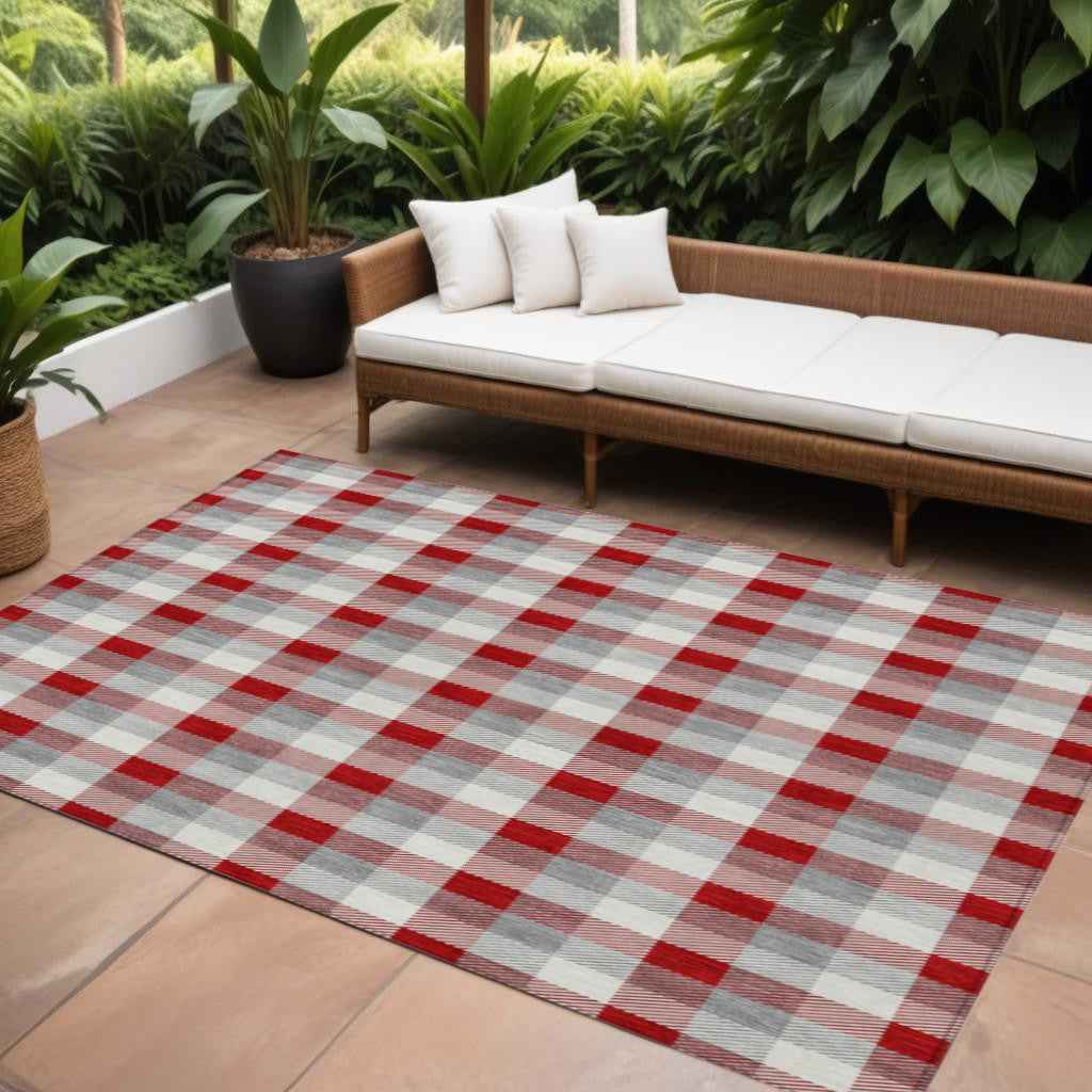 10' X 14' Red Gray And Beige Plaid Washable Indoor Outdoor Area Rug