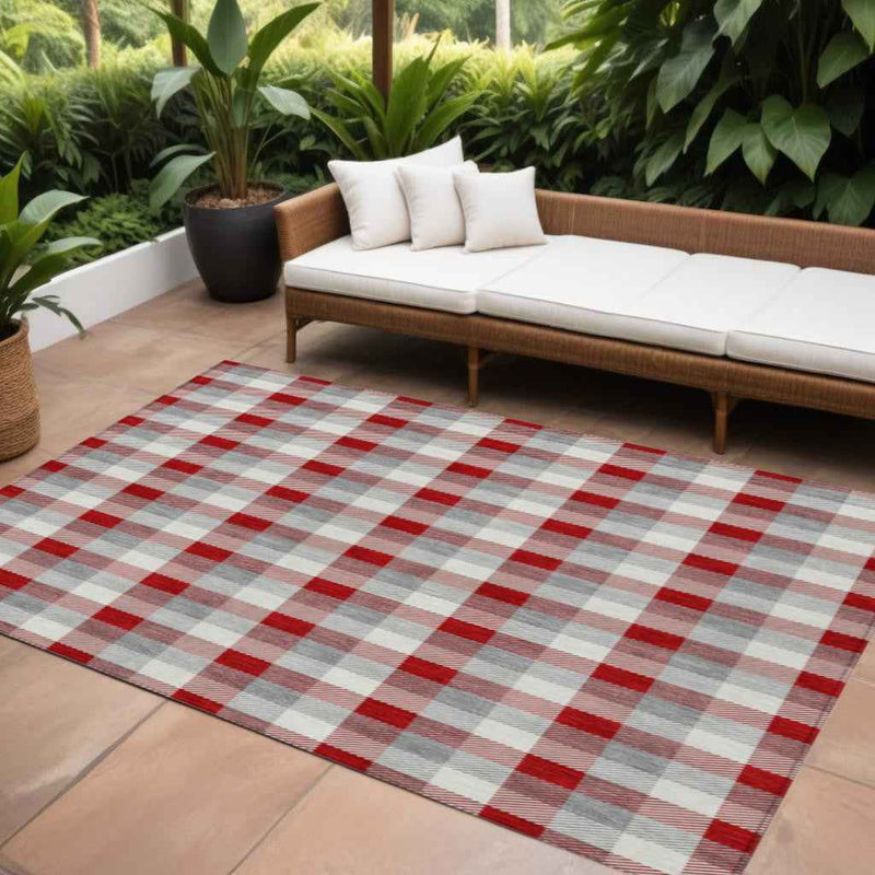 10' X 14' Red Gray And Beige Plaid Washable Indoor Outdoor Area Rug