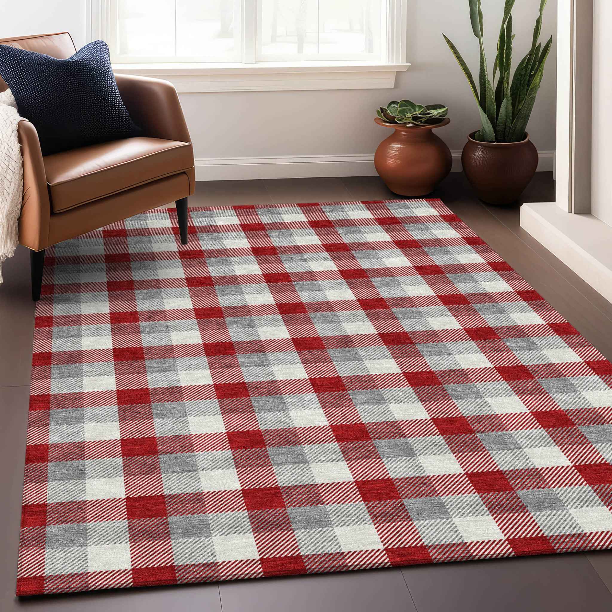 10' X 14' Red Gray And Beige Plaid Washable Indoor Outdoor Area Rug