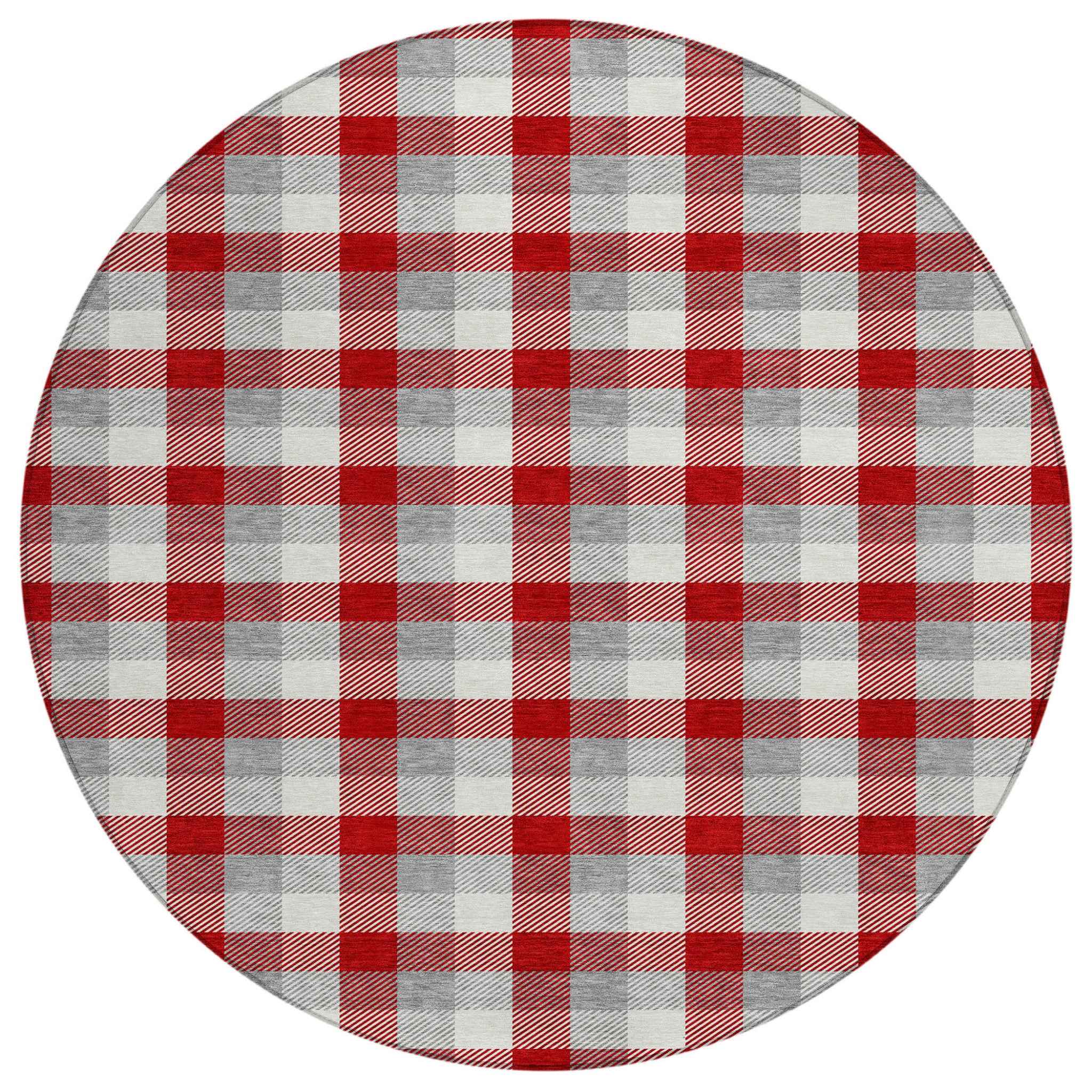8' Red Gray And Beige Round Plaid Washable Indoor Outdoor Area Rug