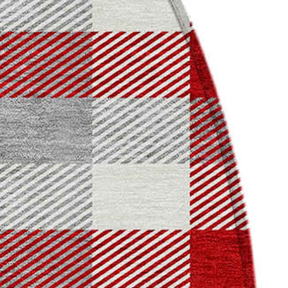 8' Red Gray And Beige Round Plaid Washable Indoor Outdoor Area Rug