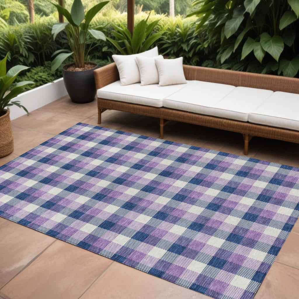 9' X 12' Navy Blue Purple And Beige Plaid Washable Indoor Outdoor Area Rug