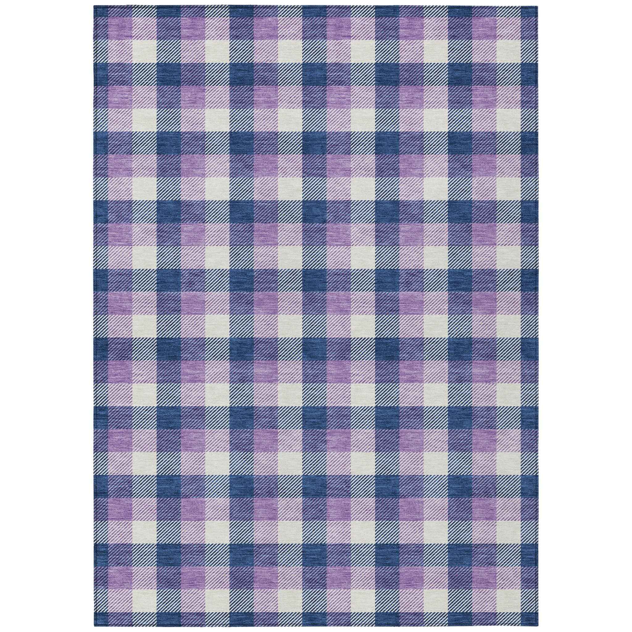 9' X 12' Navy Blue Purple And Beige Plaid Washable Indoor Outdoor Area Rug