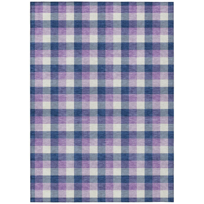 9' X 12' Navy Blue Purple And Beige Plaid Washable Indoor Outdoor Area Rug