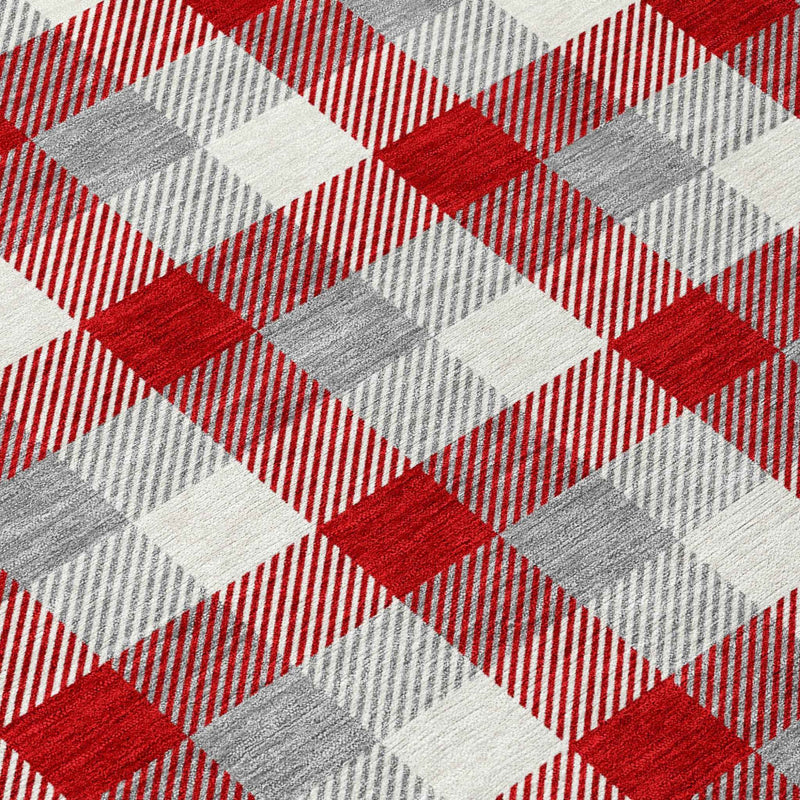 3' X 5' Red Gray And Beige Plaid Washable Indoor Outdoor Area Rug