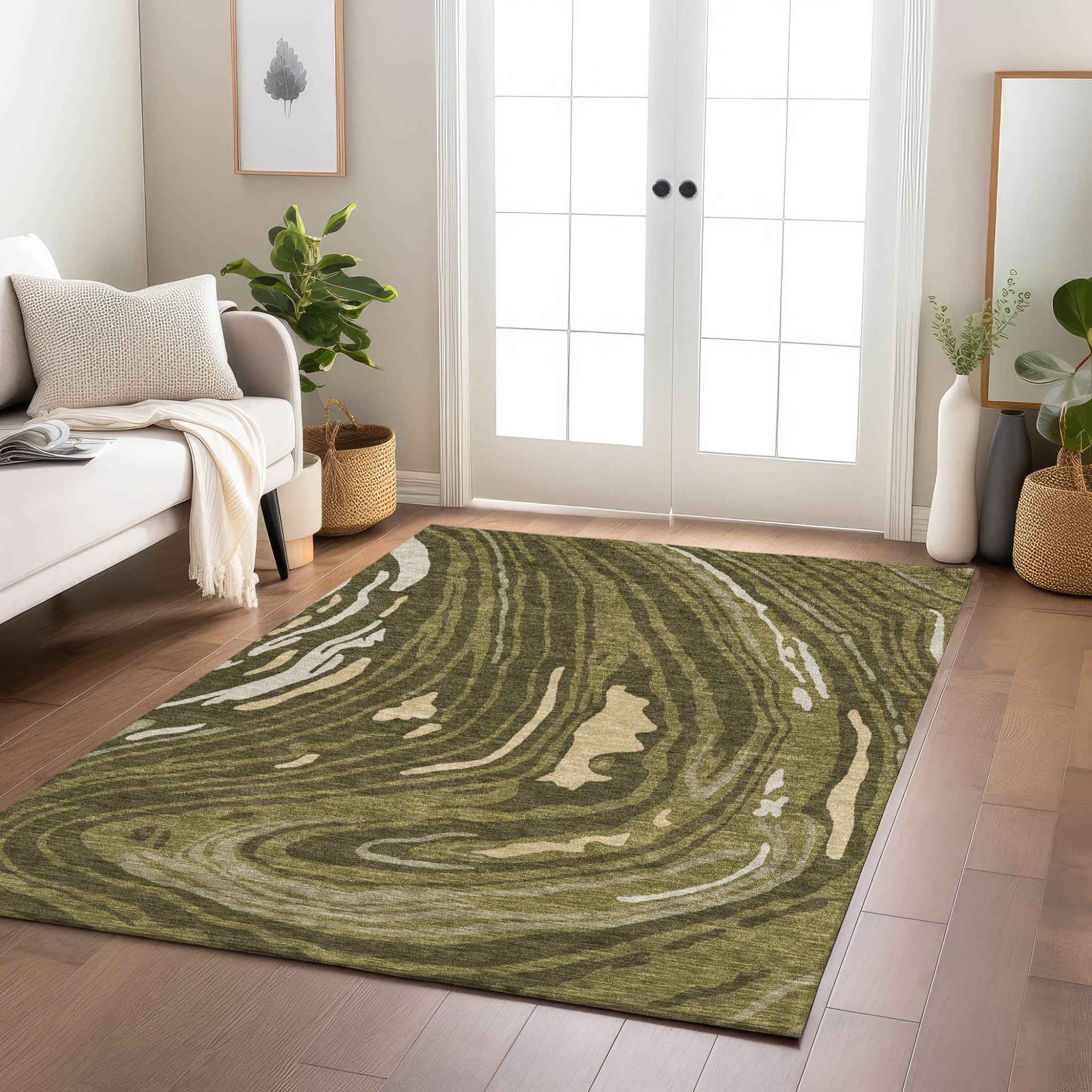 8' X 10' Olive Green And Beige Abstract Washable Indoor Outdoor Area Rug
