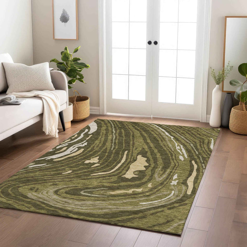 8' X 10' Olive Green And Beige Abstract Washable Indoor Outdoor Area Rug