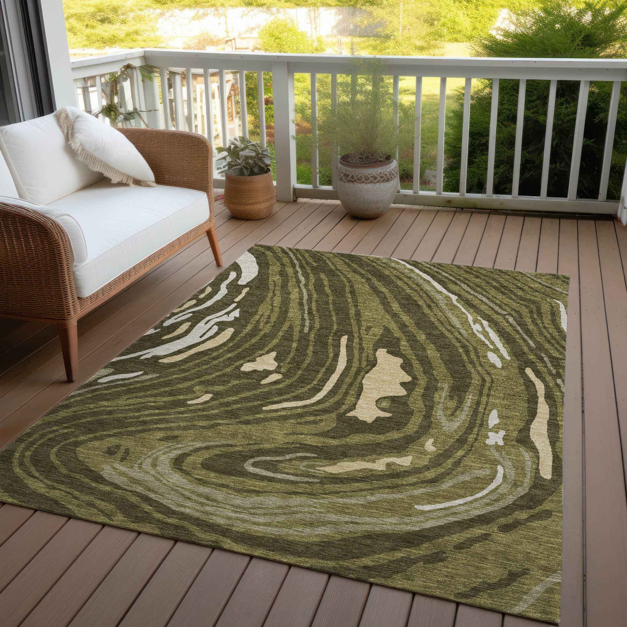 8' X 10' Olive Green And Beige Abstract Washable Indoor Outdoor Area Rug