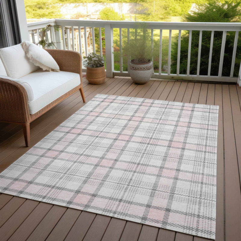 8' X 10' Pink And Gray Plaid Washable Indoor Outdoor Area Rug