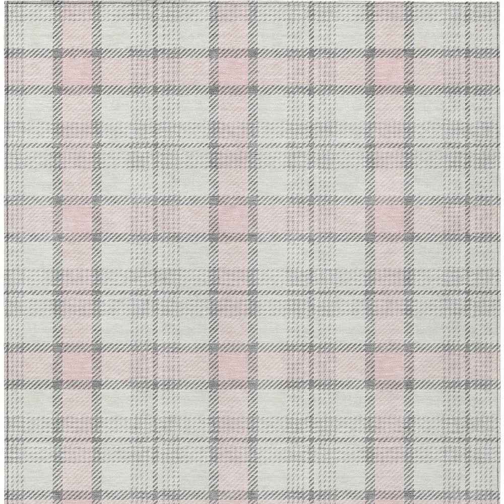 8' X 10' Pink And Gray Plaid Washable Indoor Outdoor Area Rug