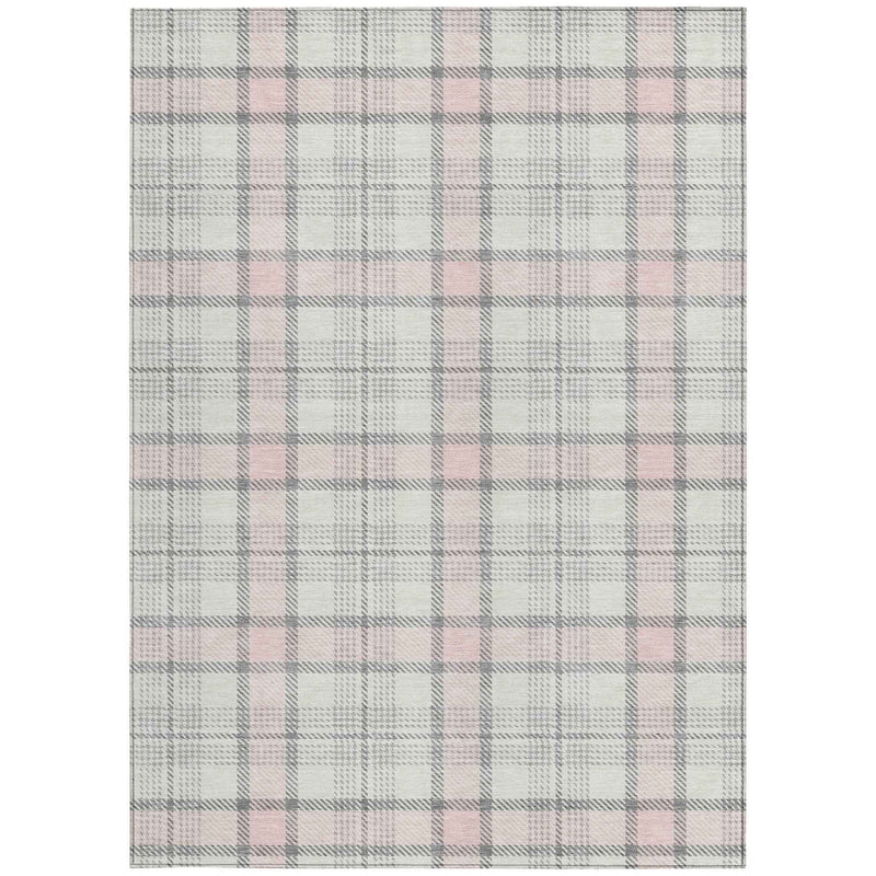 8' X 10' Pink And Gray Plaid Washable Indoor Outdoor Area Rug