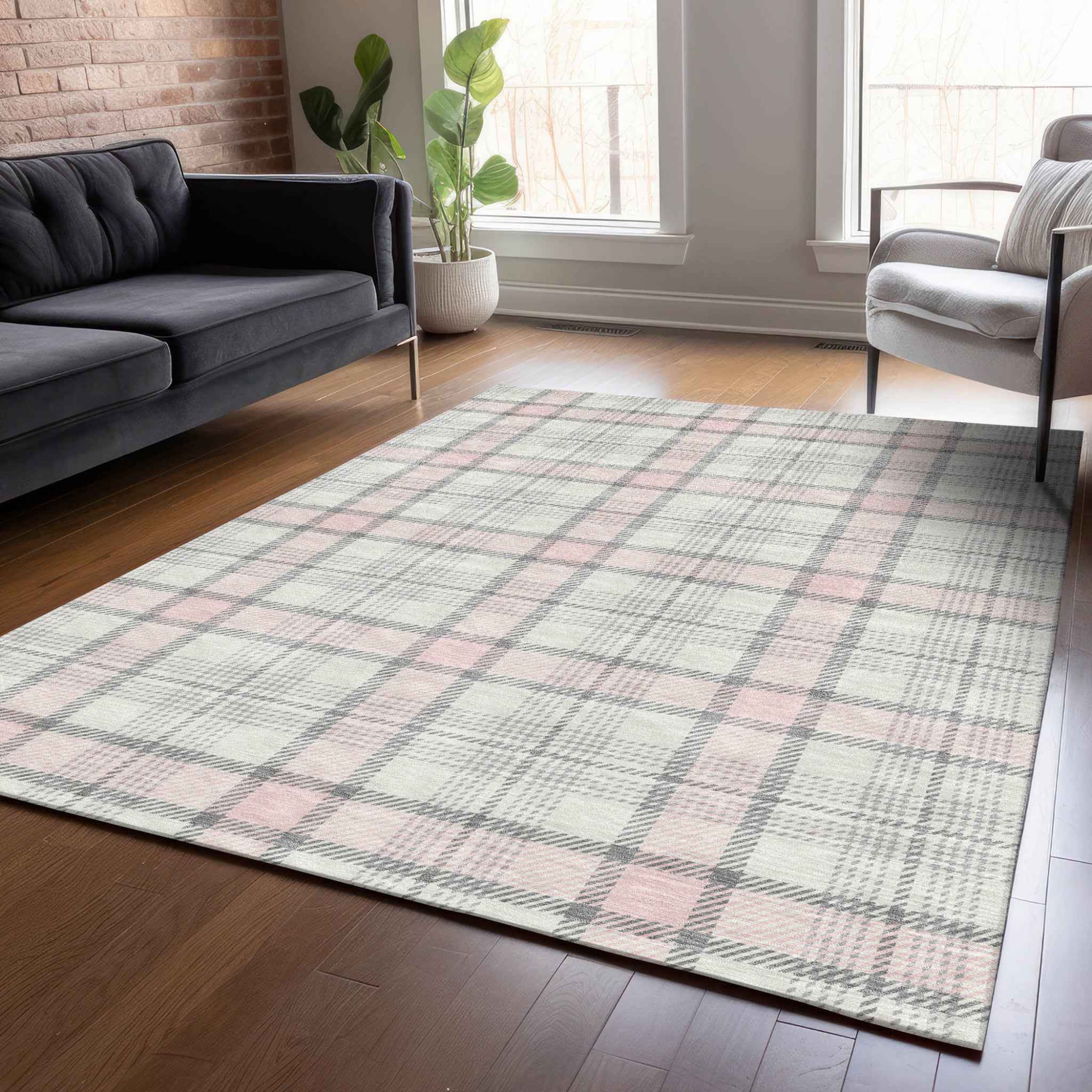 8' X 10' Pink And Gray Plaid Washable Indoor Outdoor Area Rug