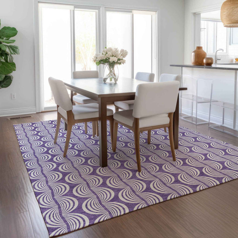 3' X 5' Purple And Ivory Ogee Washable Indoor Outdoor Area Rug