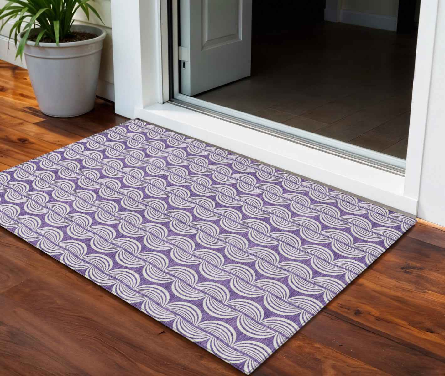 3' X 5' Purple And Ivory Ogee Washable Indoor Outdoor Area Rug