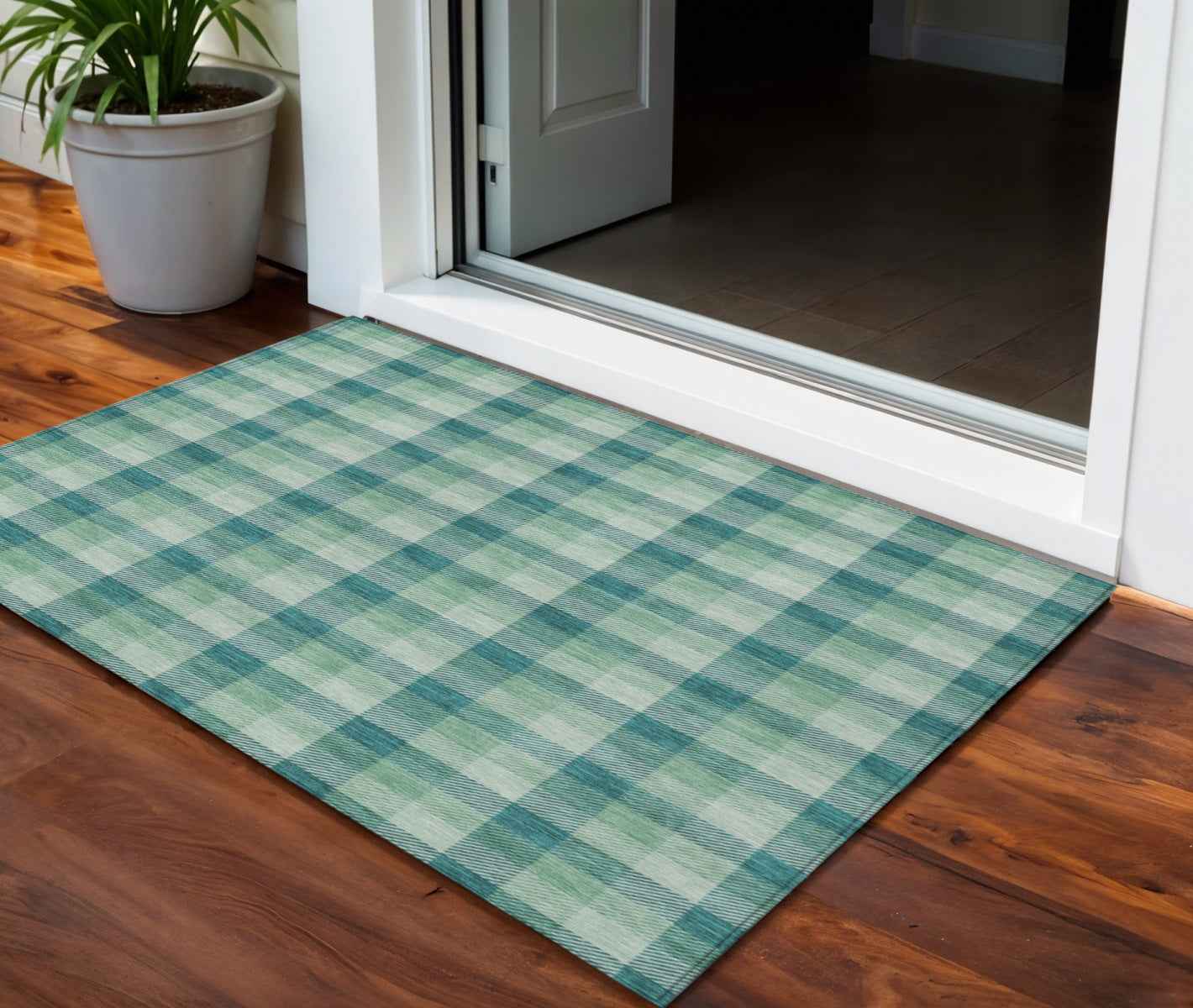 3' X 5' Blue And Green Plaid Washable Indoor Outdoor Area Rug