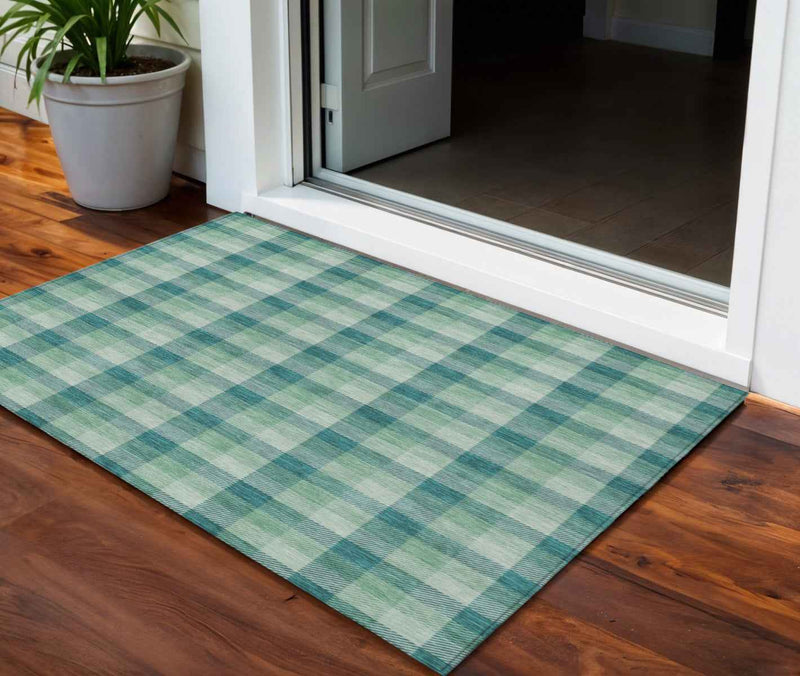 3' X 5' Blue And Green Plaid Washable Indoor Outdoor Area Rug
