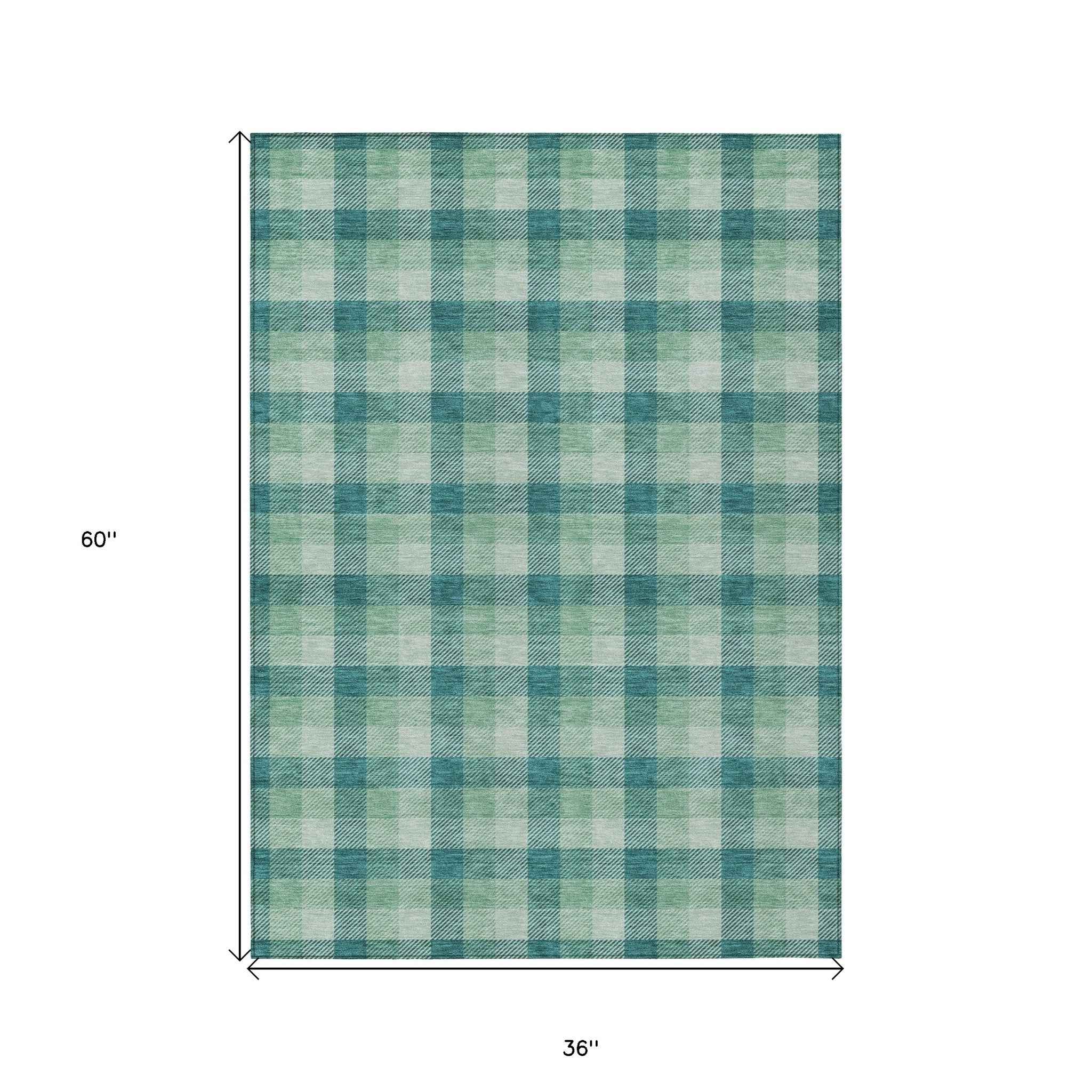 3' X 5' Blue And Green Plaid Washable Indoor Outdoor Area Rug