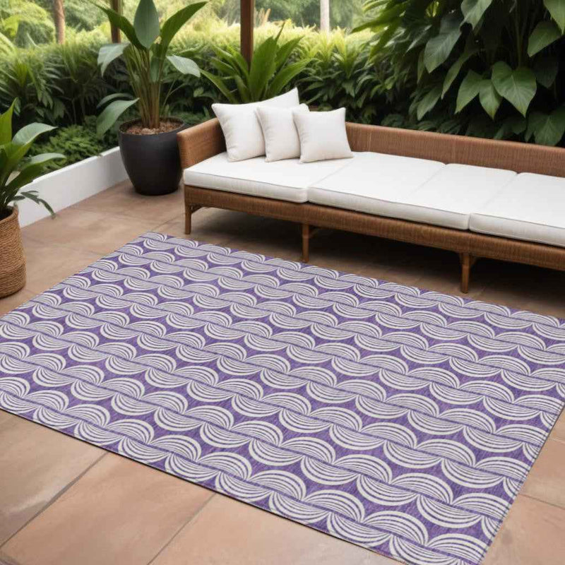 10' X 14' Purple And Ivory Ogee Washable Indoor Outdoor Area Rug
