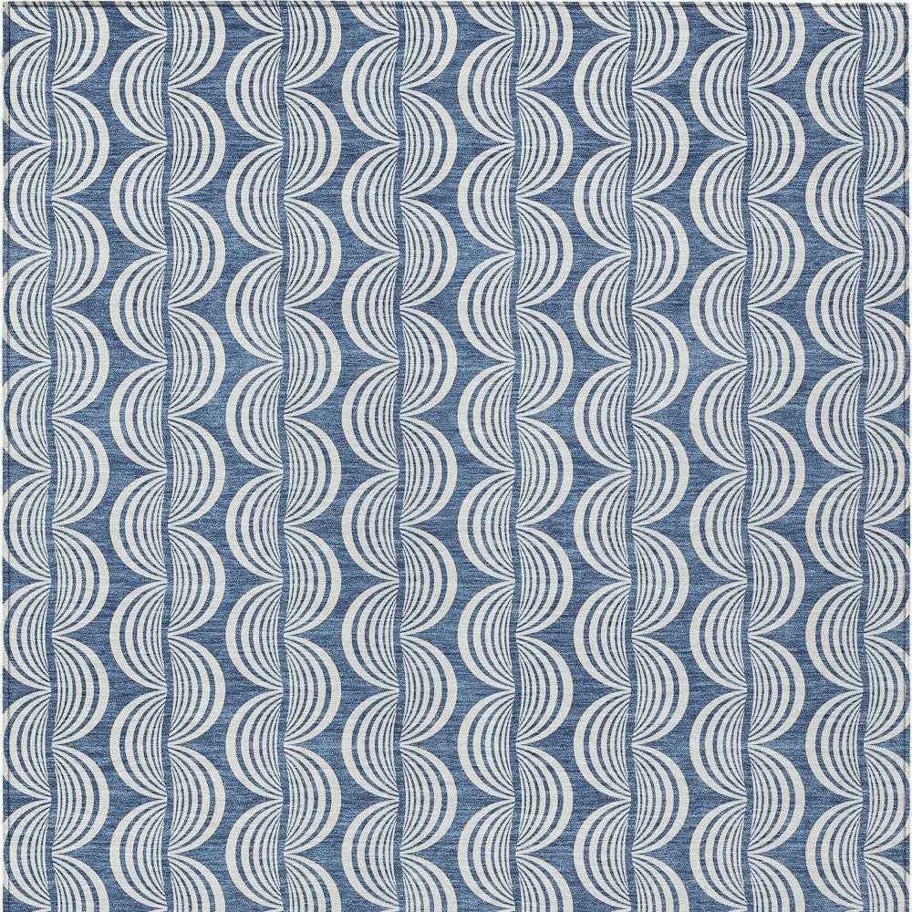 9' X 12' Denim Blue And Ivory Ogee Washable Indoor Outdoor Area Rug