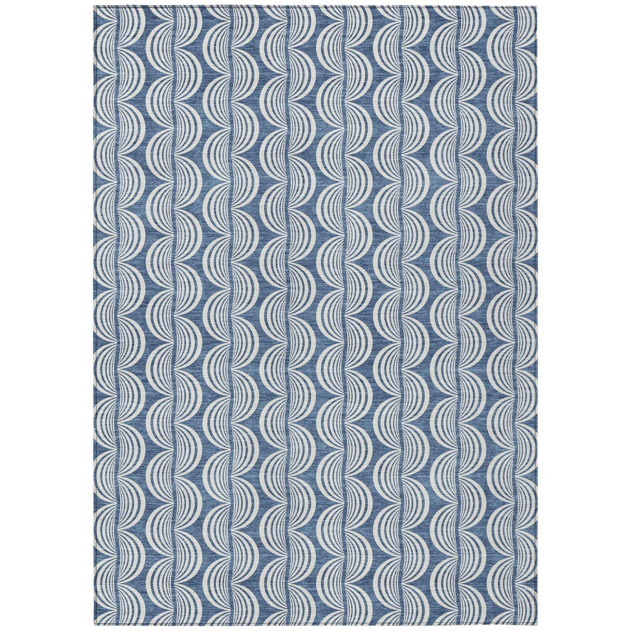 9' X 12' Denim Blue And Ivory Ogee Washable Indoor Outdoor Area Rug