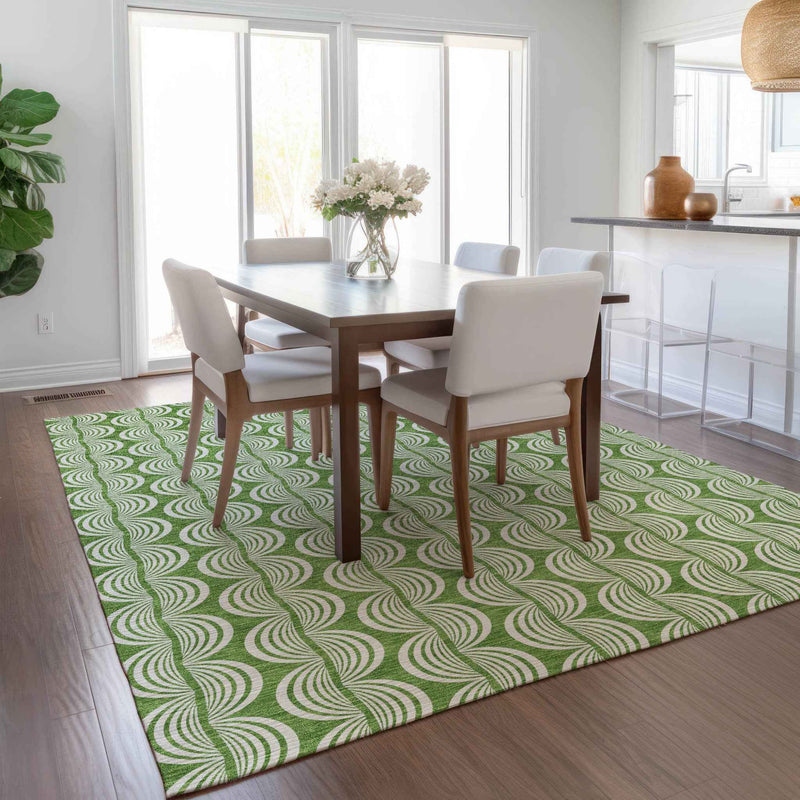 9' X 12' Green And Ivory Ogee Washable Indoor Outdoor Area Rug