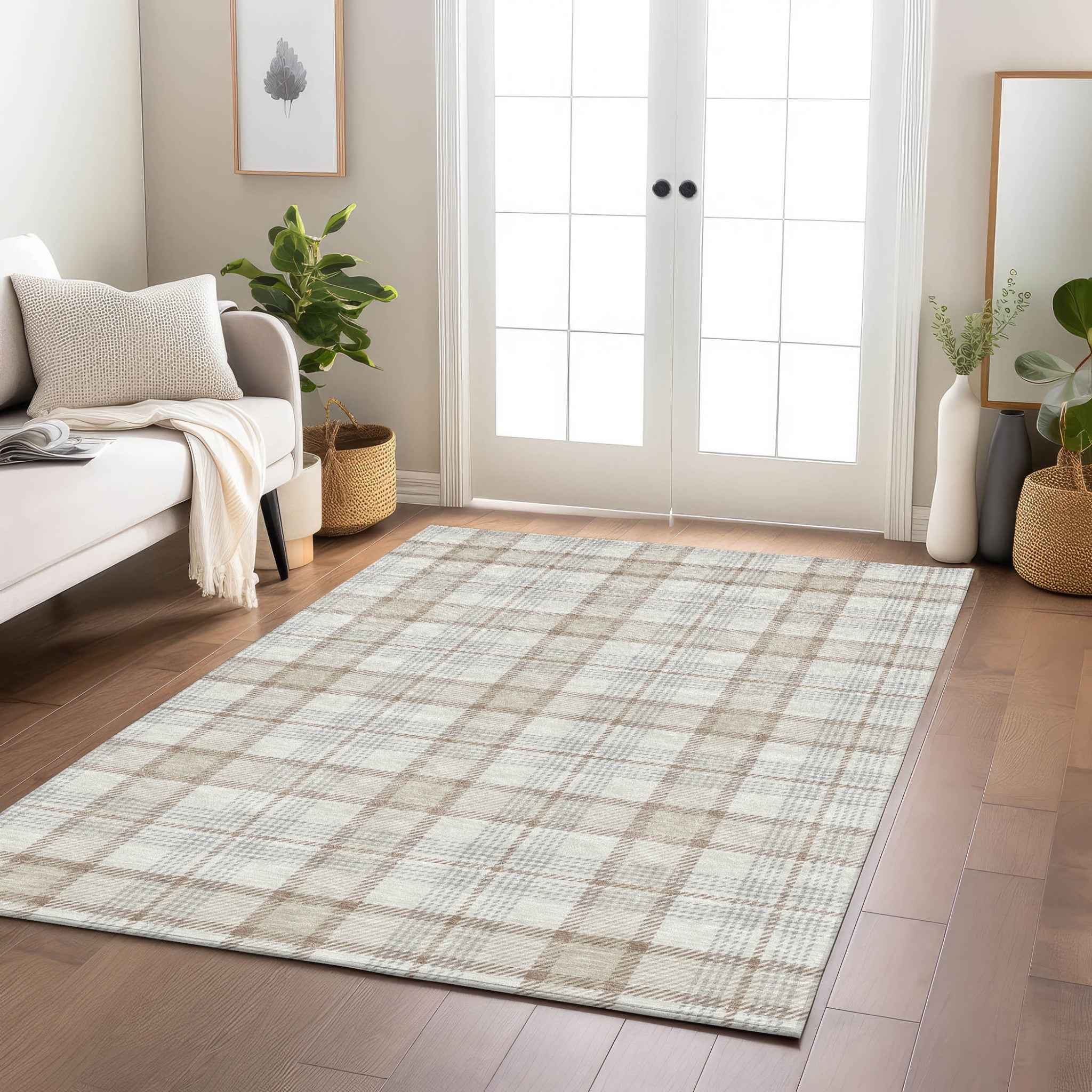 8' X 10' Linen And Brown Plaid Washable Indoor Outdoor Area Rug