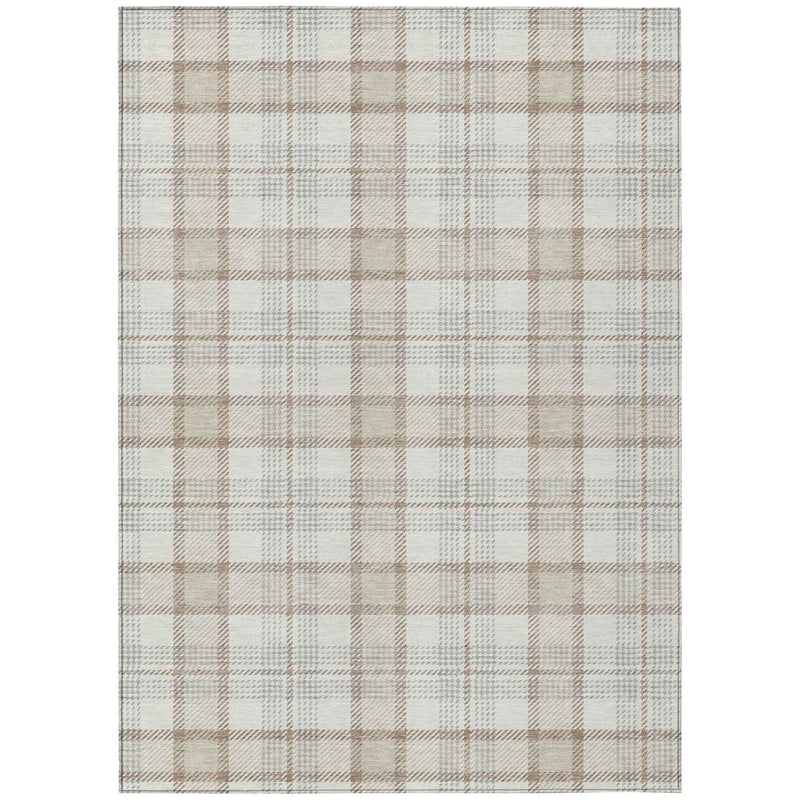 8' X 10' Linen And Brown Plaid Washable Indoor Outdoor Area Rug
