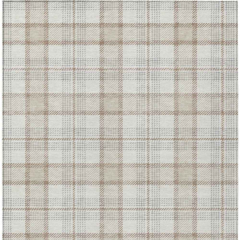 8' X 10' Linen And Brown Plaid Washable Indoor Outdoor Area Rug