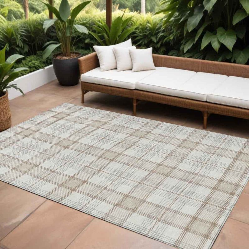 8' X 10' Linen And Brown Plaid Washable Indoor Outdoor Area Rug