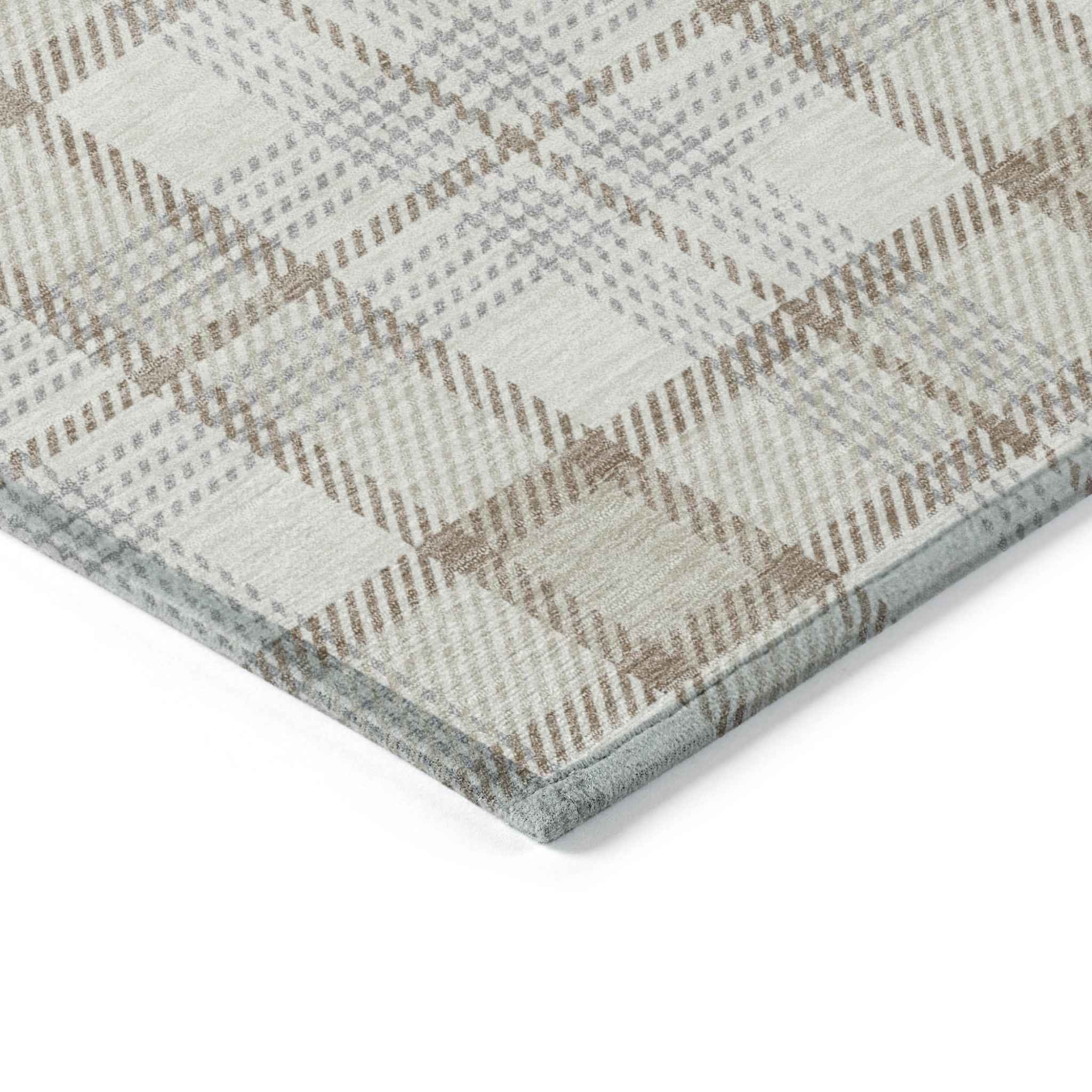 8' X 10' Linen And Brown Plaid Washable Indoor Outdoor Area Rug
