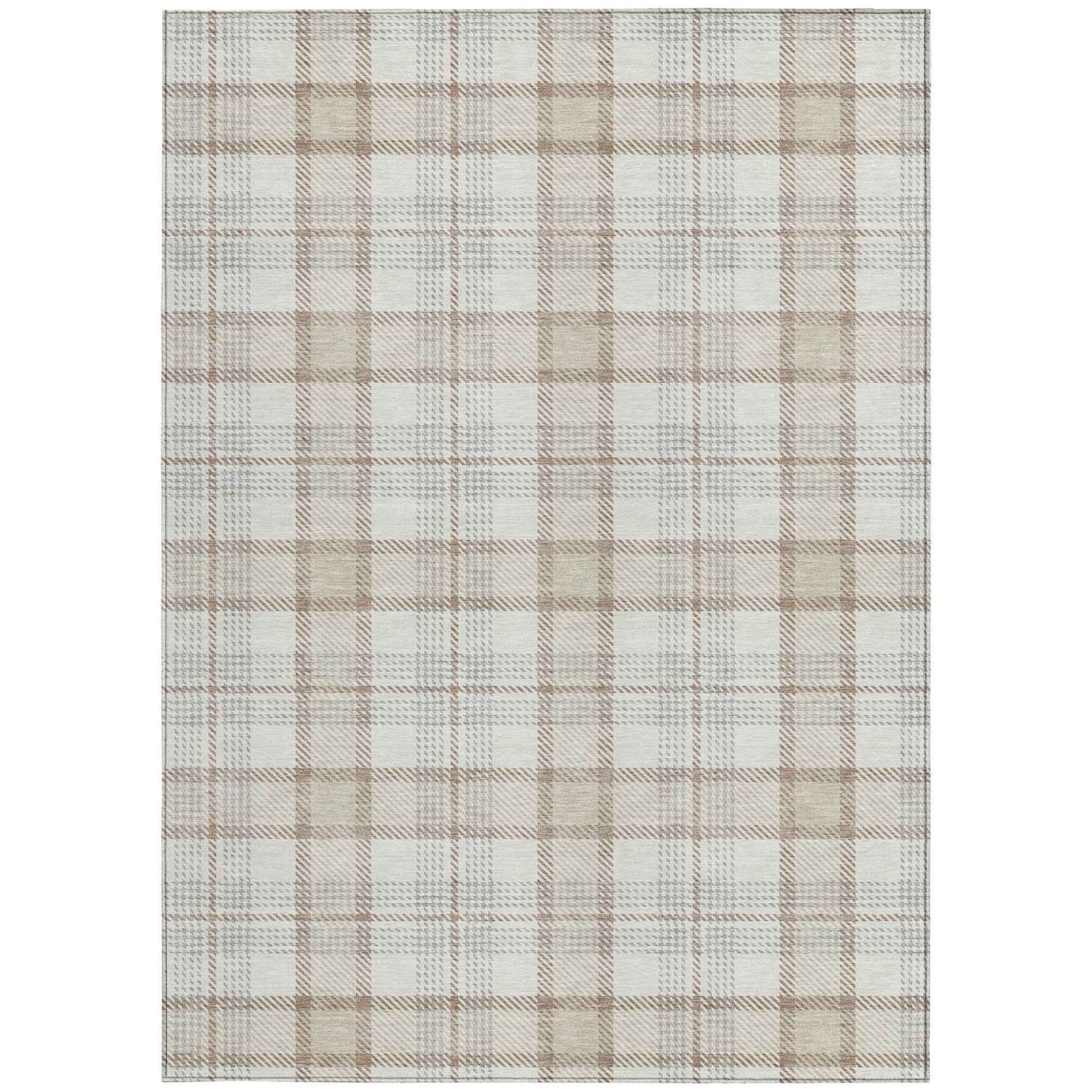 8' X 10' Linen And Brown Plaid Washable Indoor Outdoor Area Rug