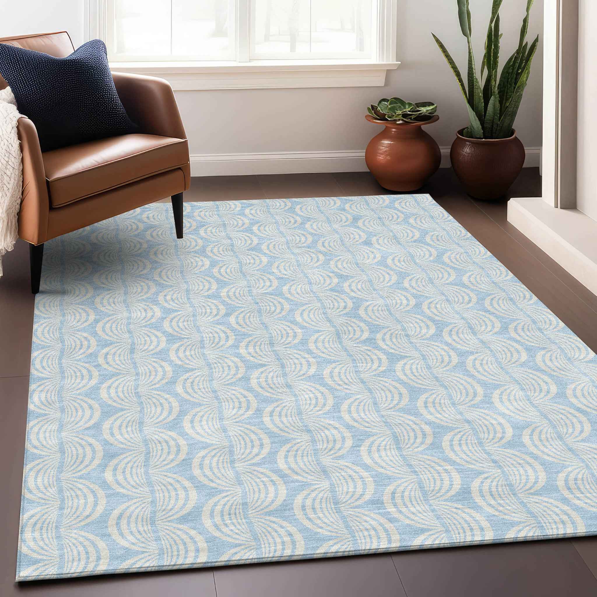 10' X 14' Sky Blue And Beige Ogee Washable Indoor Outdoor Area Rug