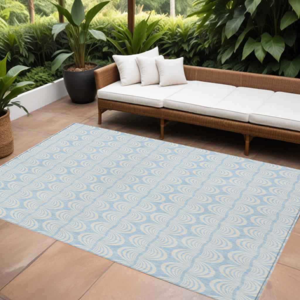 10' X 14' Sky Blue And Beige Ogee Washable Indoor Outdoor Area Rug