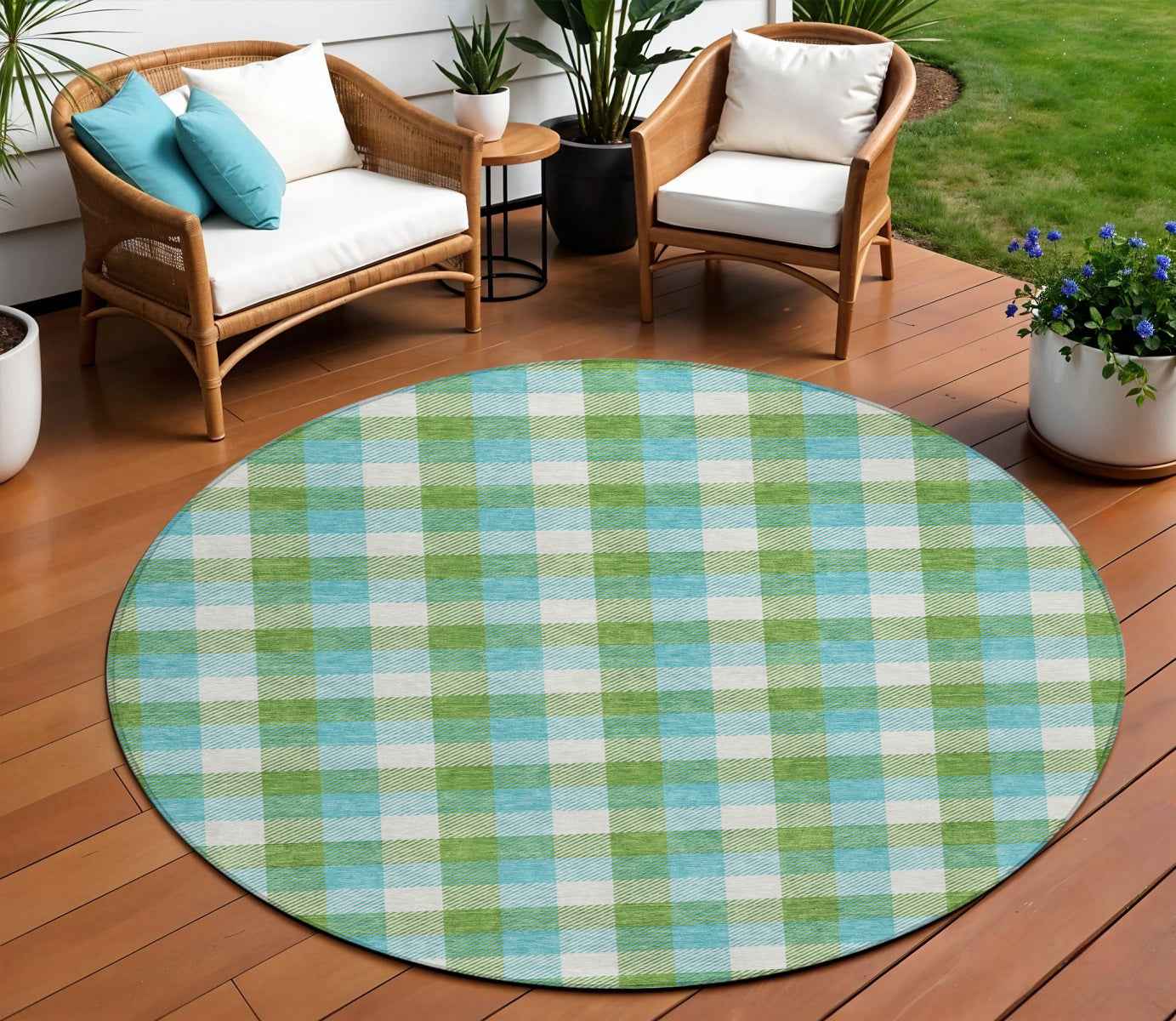 8' Lime Green Aqua And Beige Round Plaid Washable Indoor Outdoor Area Rug