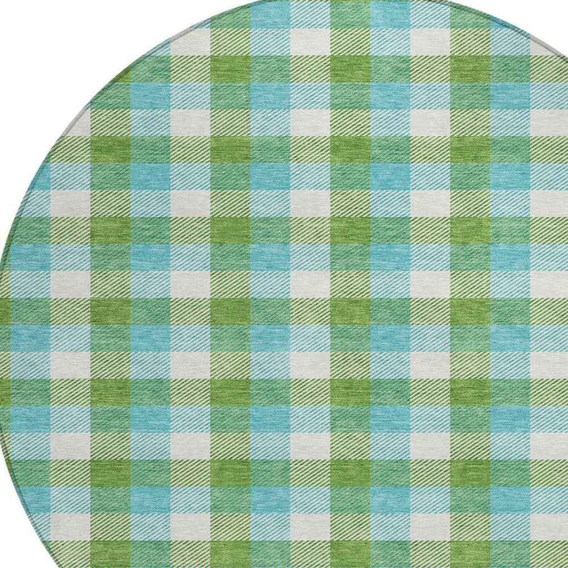 8' Lime Green Aqua And Beige Round Plaid Washable Indoor Outdoor Area Rug