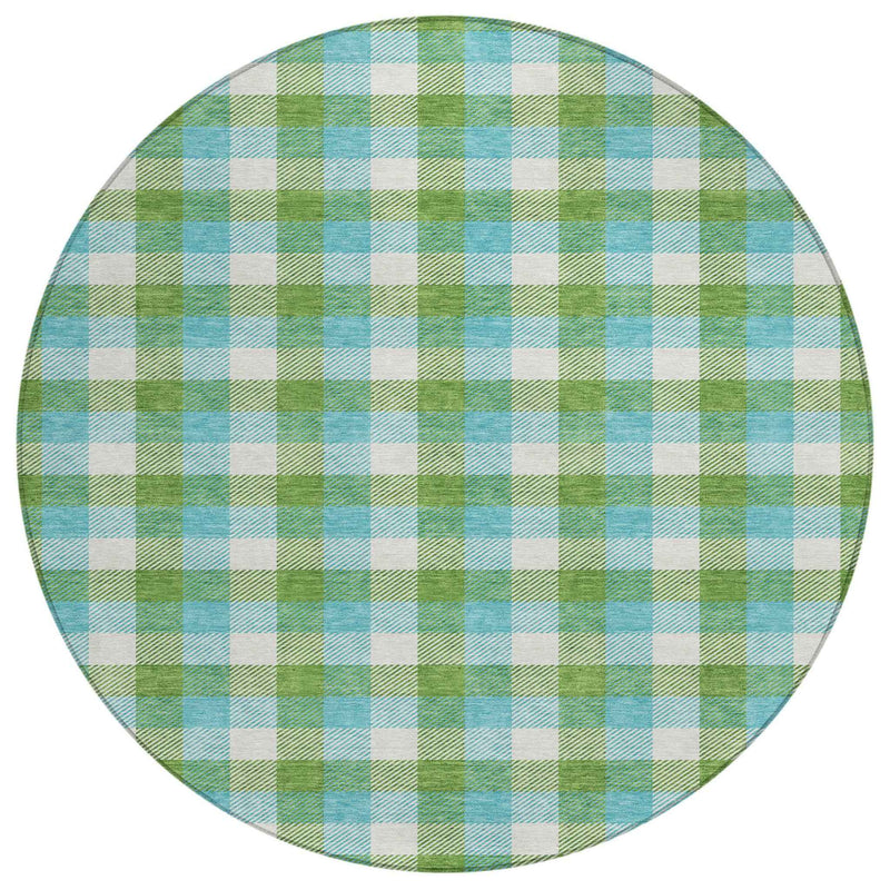 8' Lime Green Aqua And Beige Round Plaid Washable Indoor Outdoor Area Rug