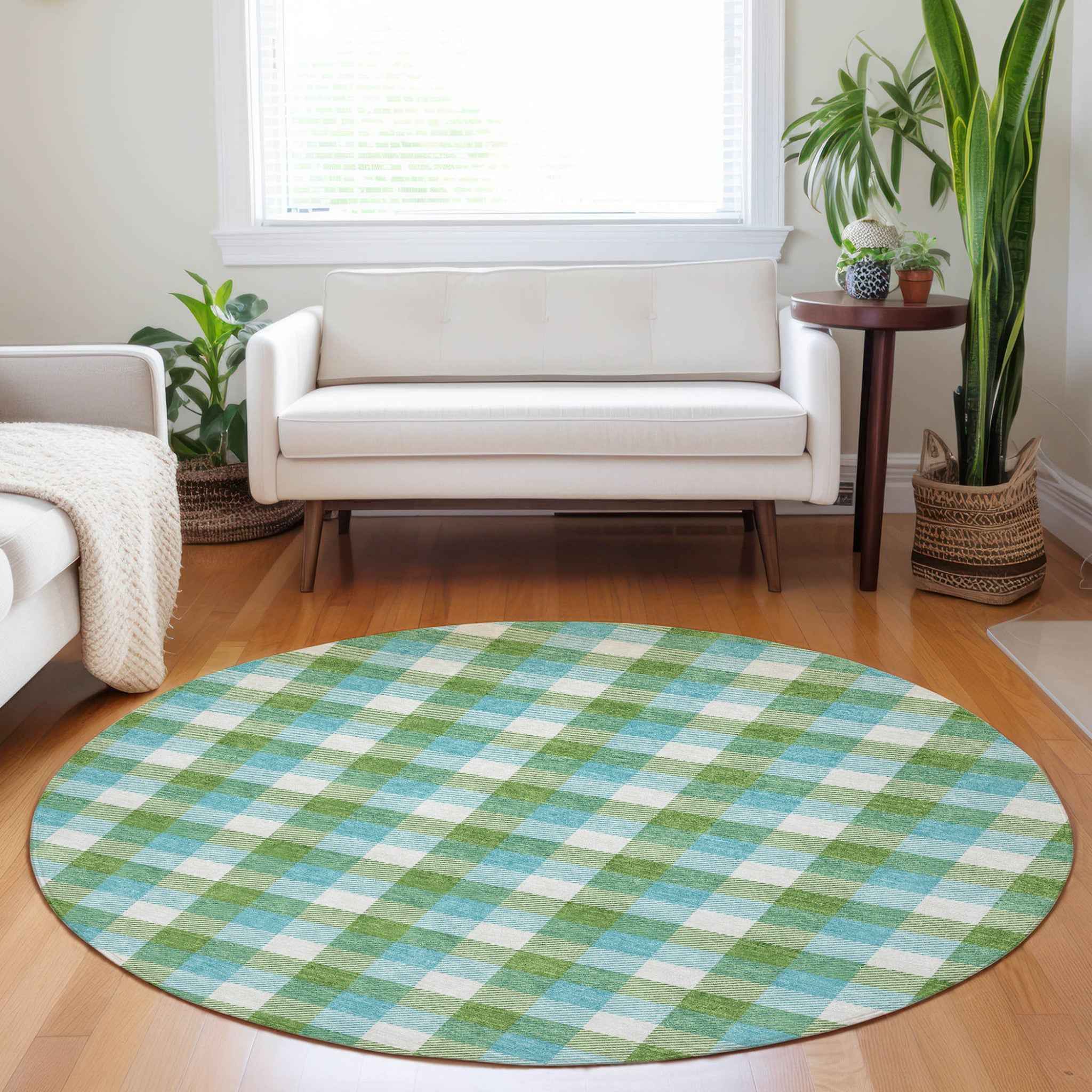 8' Lime Green Aqua And Beige Round Plaid Washable Indoor Outdoor Area Rug