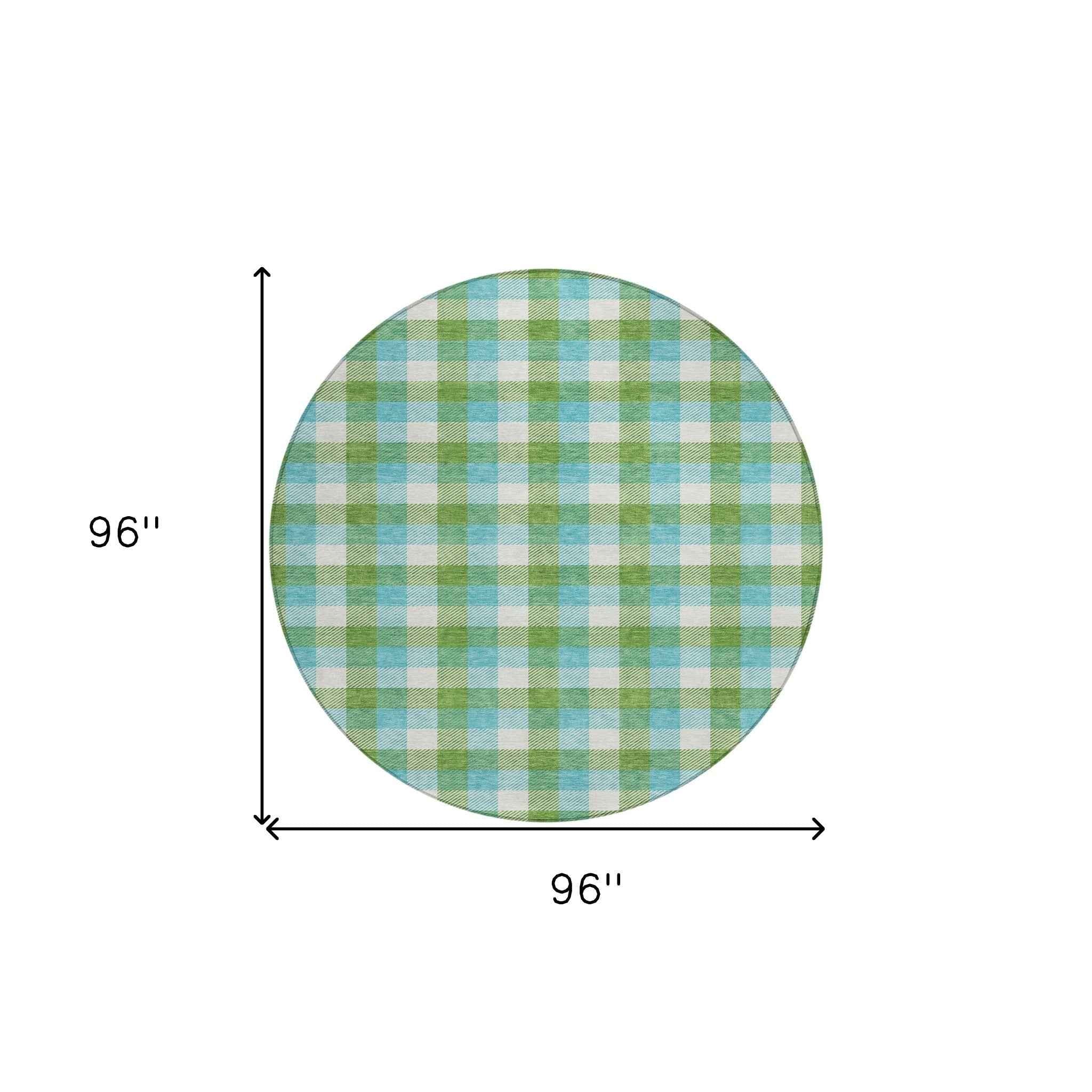 8' Lime Green Aqua And Beige Round Plaid Washable Indoor Outdoor Area Rug