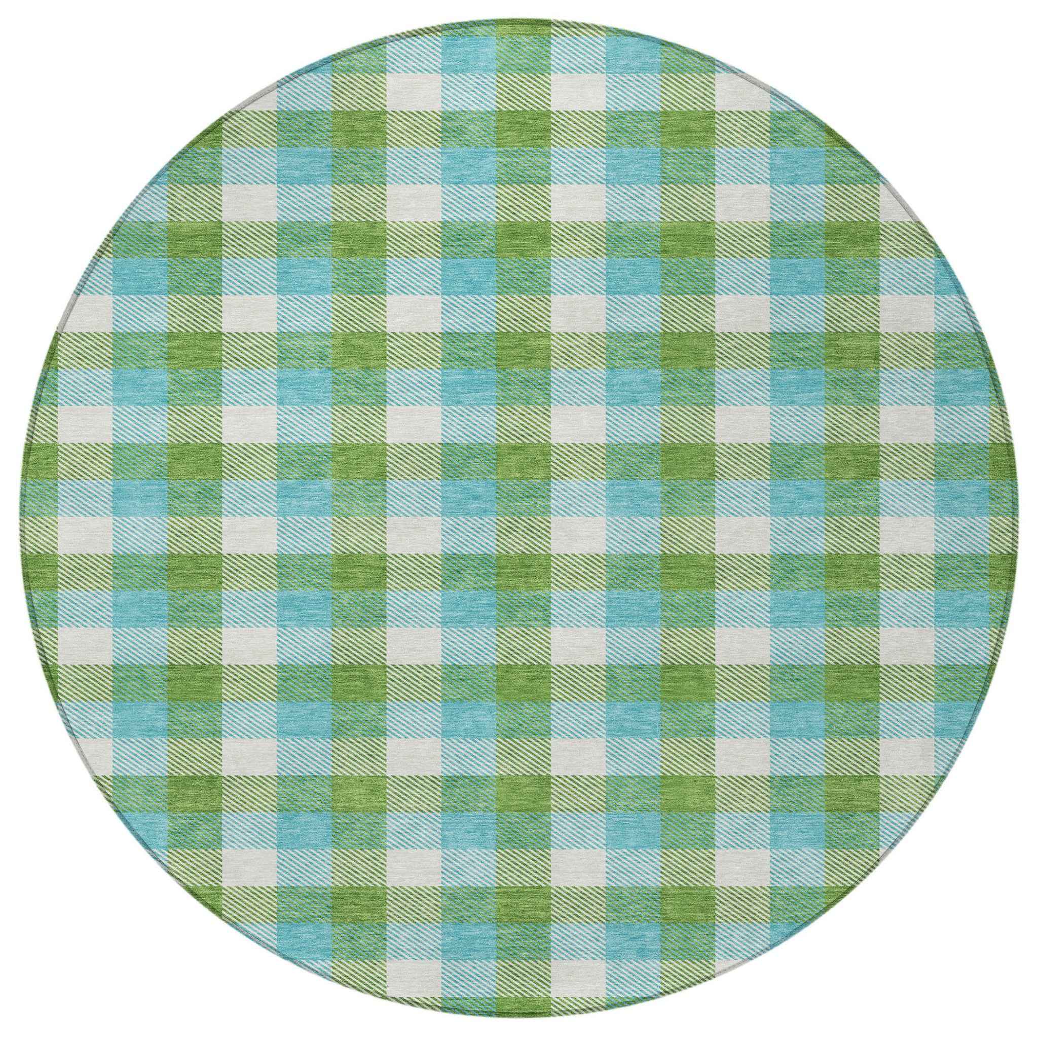 8' Lime Green Aqua And Beige Round Plaid Washable Indoor Outdoor Area Rug