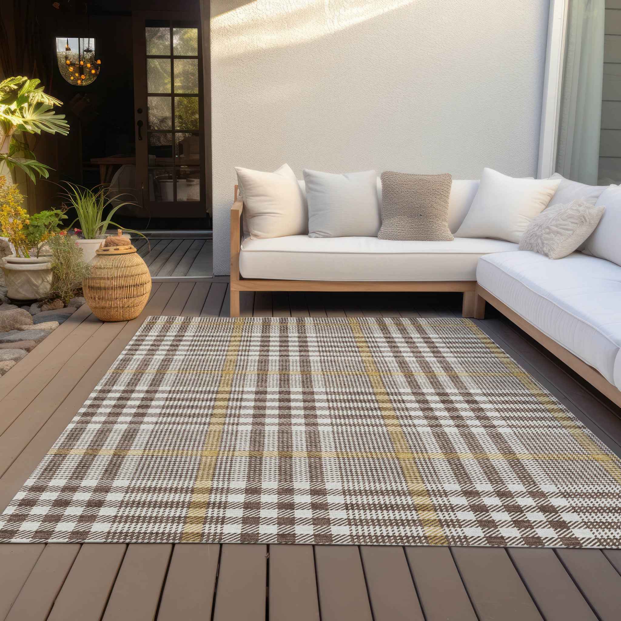 8' X 10' Brown And Beige Plaid Washable Indoor Outdoor Area Rug