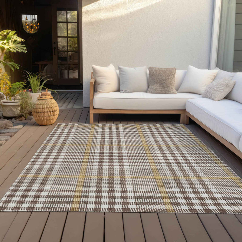 8' X 10' Brown And Beige Plaid Washable Indoor Outdoor Area Rug