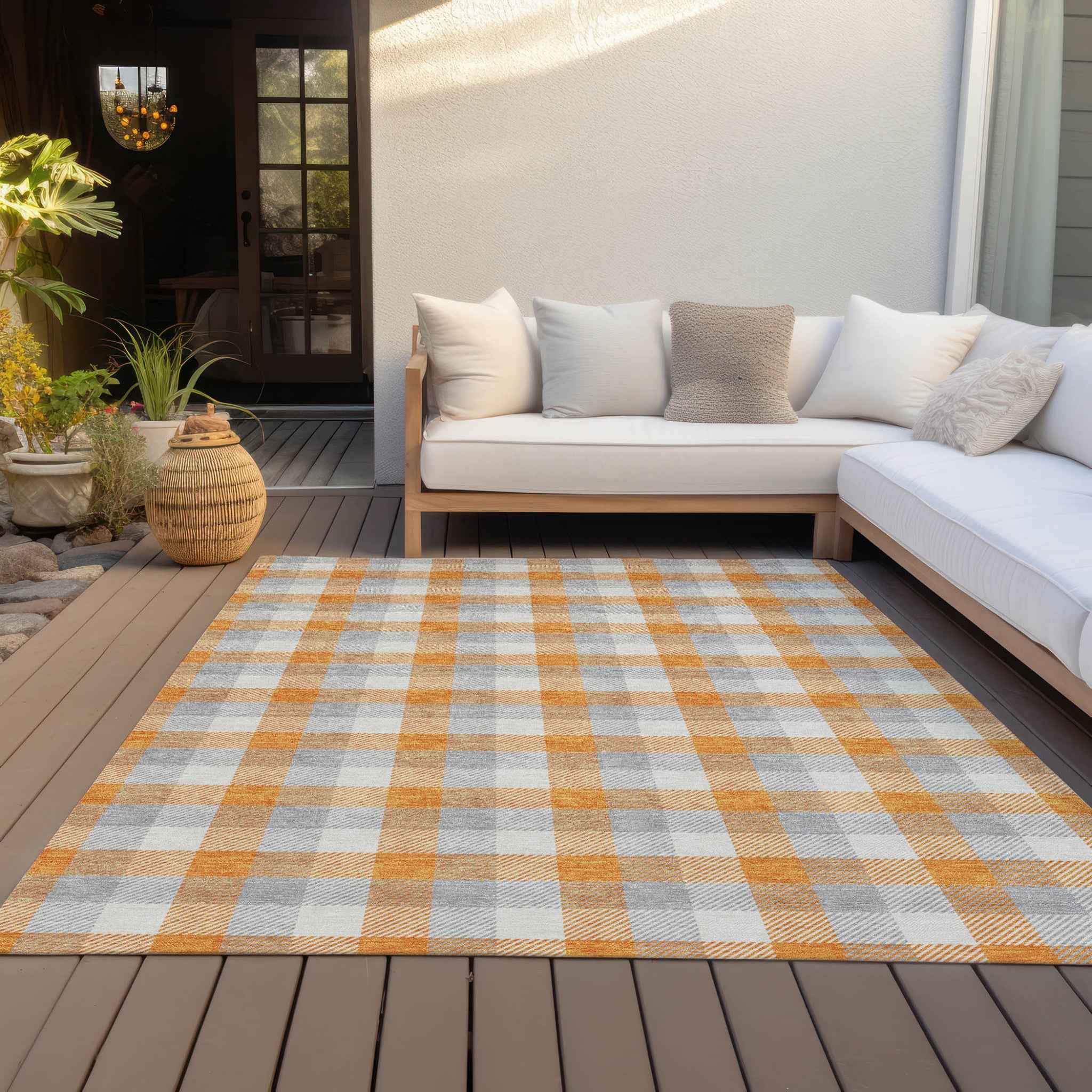 5' X 8' Orange Gray And Beige Plaid Washable Indoor Outdoor Area Rug