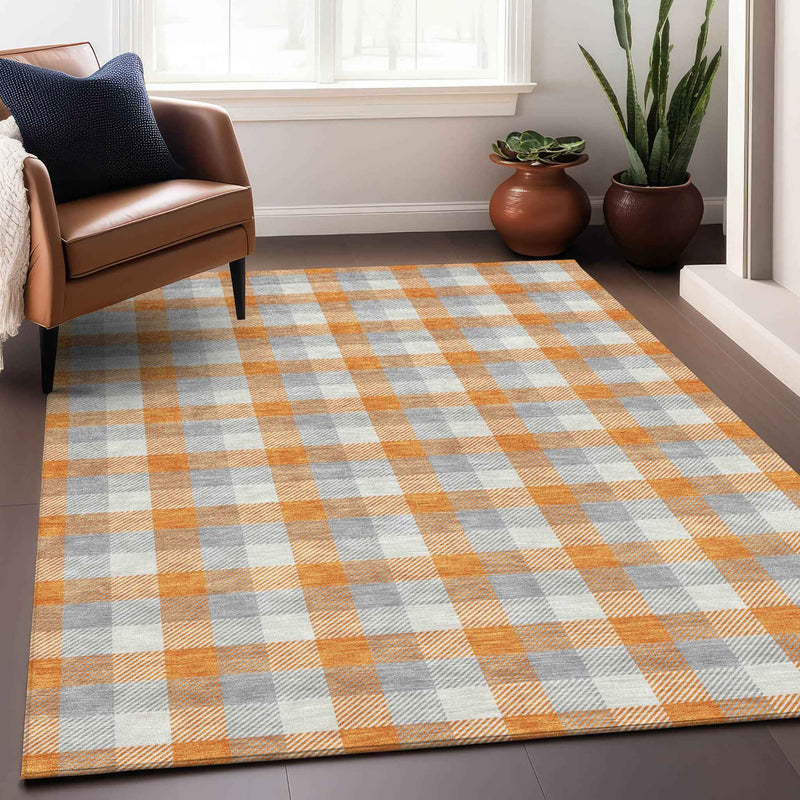 5' X 8' Orange Gray And Beige Plaid Washable Indoor Outdoor Area Rug