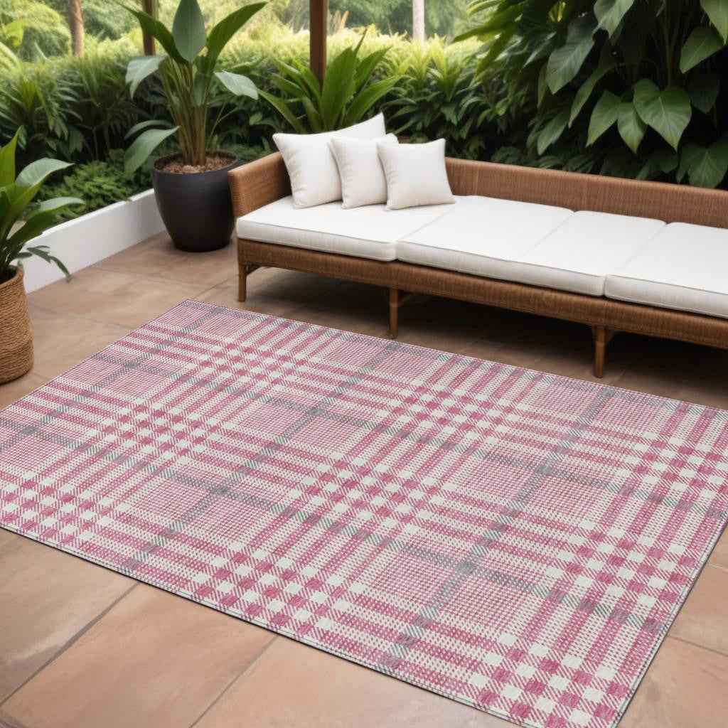 8' X 10' Blush Gray And Ivory Plaid Washable Indoor Outdoor Area Rug