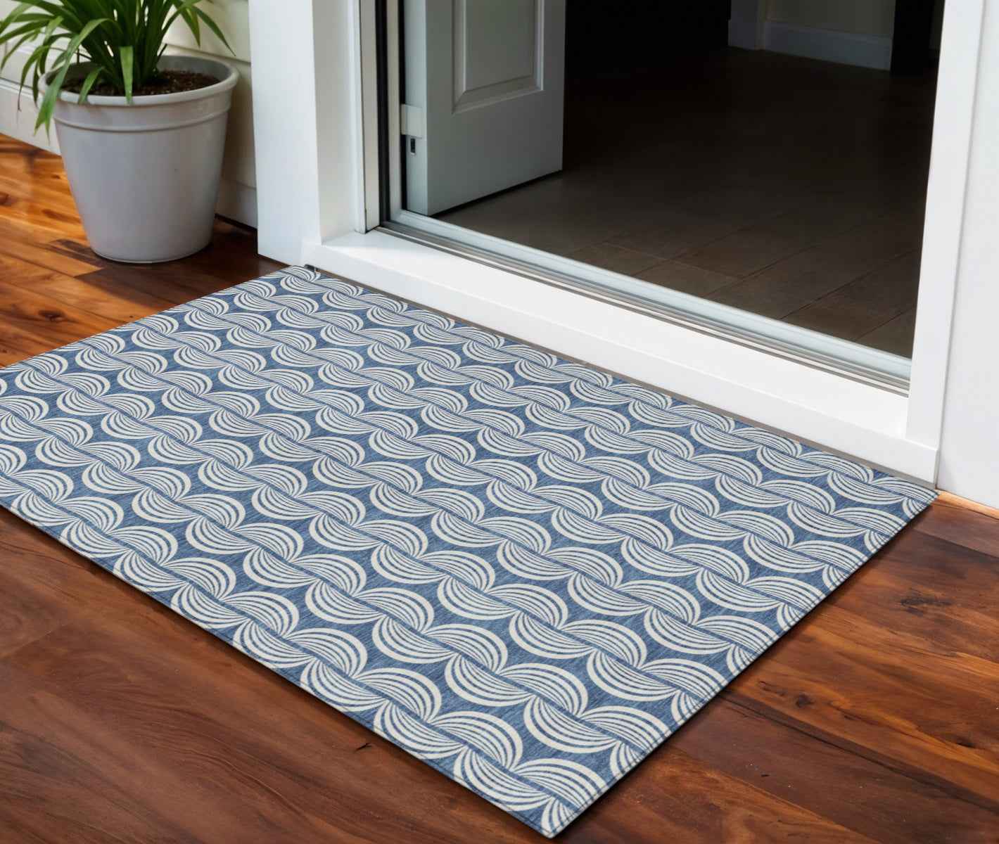 3' X 5' Denim Blue And Ivory Ogee Washable Indoor Outdoor Area Rug