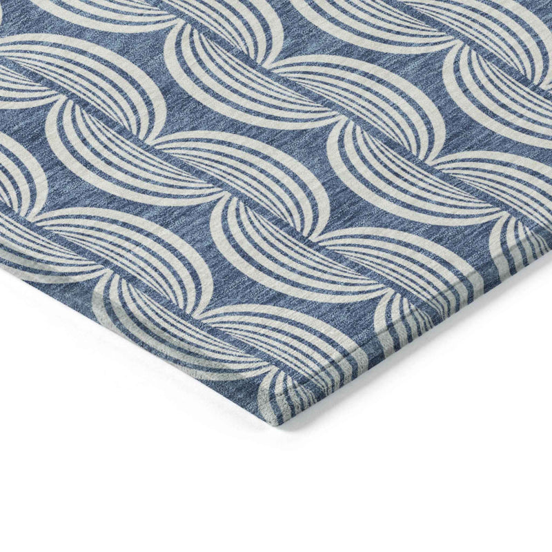 3' X 5' Denim Blue And Ivory Ogee Washable Indoor Outdoor Area Rug