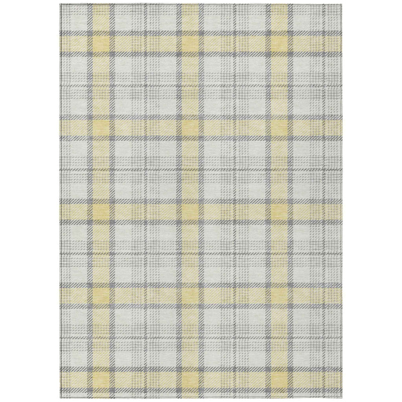 9' X 12' Yellow And Gray Plaid Washable Indoor Outdoor Area Rug