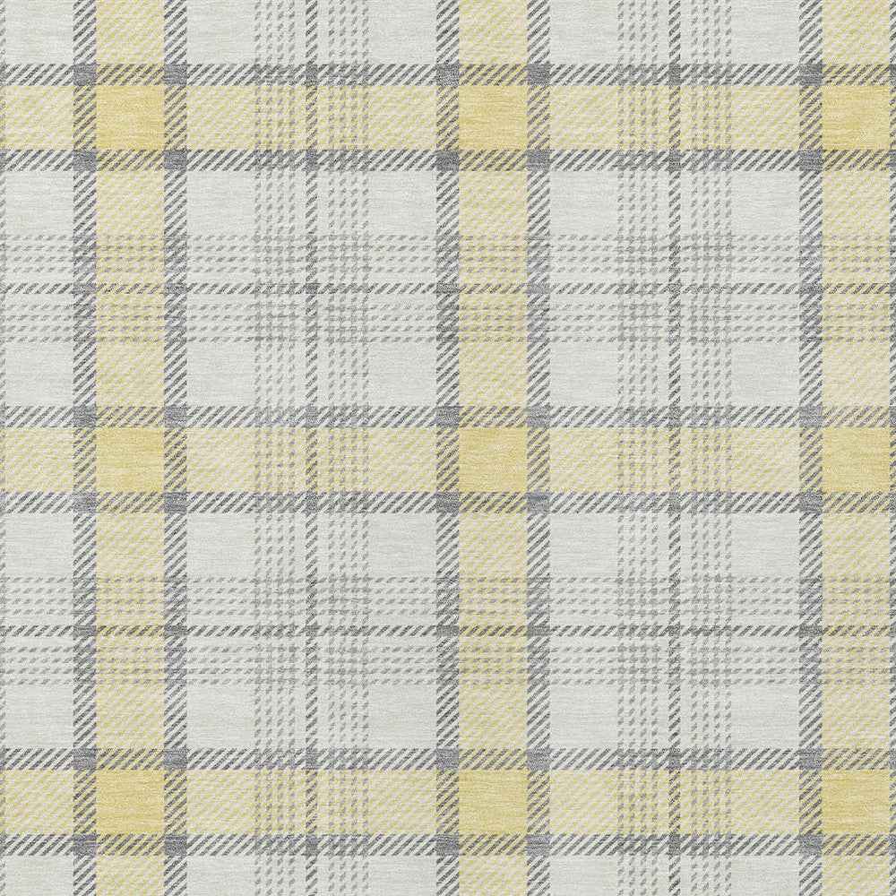 9' X 12' Yellow And Gray Plaid Washable Indoor Outdoor Area Rug